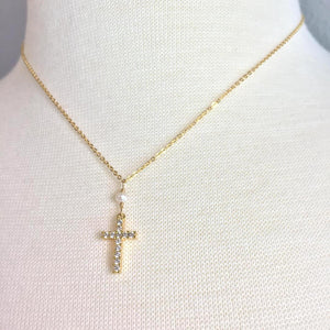 Tiny White Pearl CZ Cross Necklace — Gold