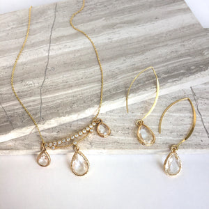 Clear Crystal drop Edwardian lavaliere necklace Earring Set