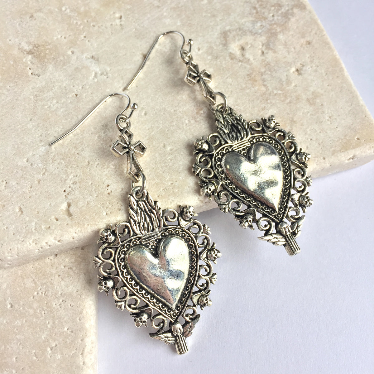 Silver Sacred heart with cross Earrings