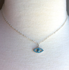 Turquoise CZ Evil Eye Charm Necklace — Silver