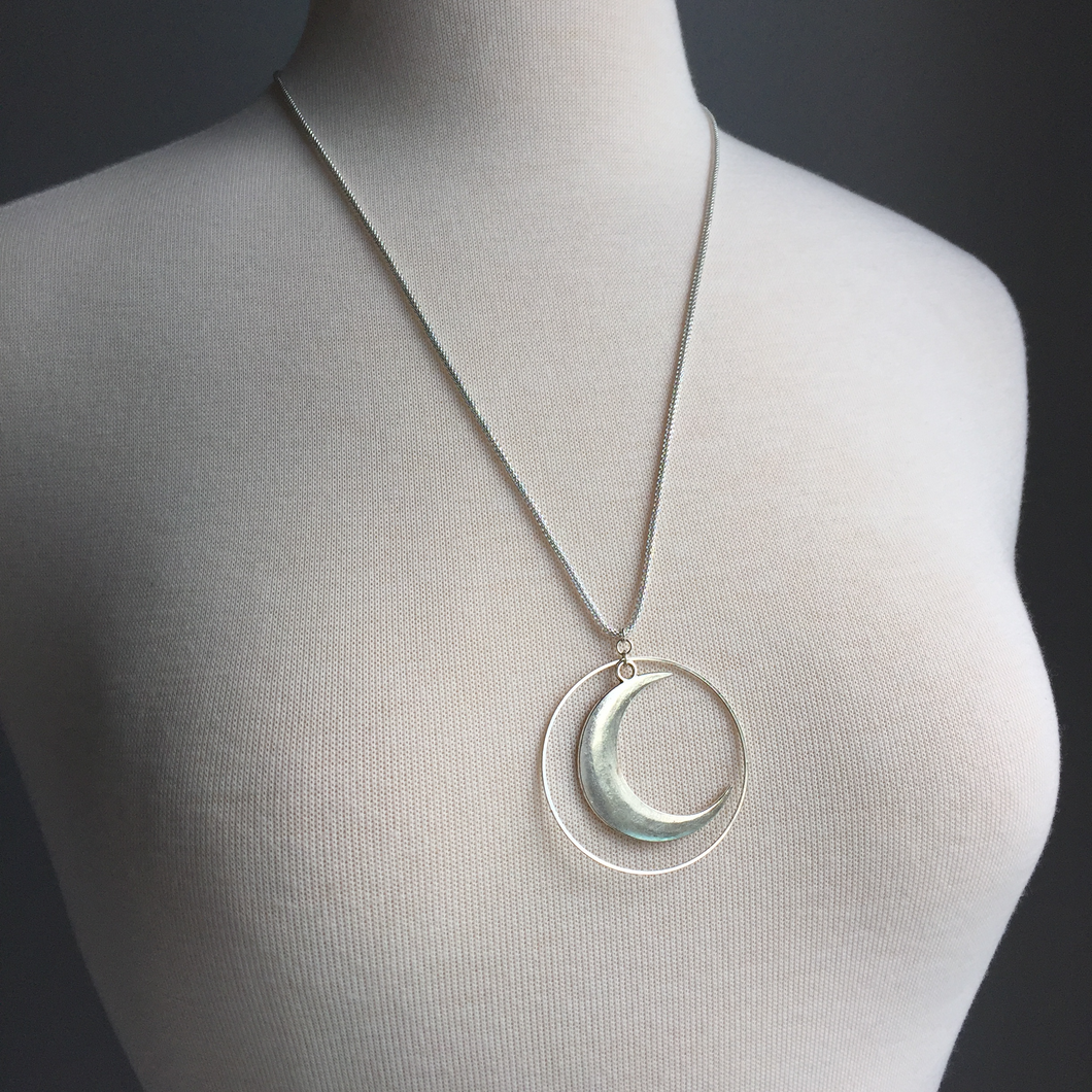Silver Crescent Moon Large Pendant — Long Necklace