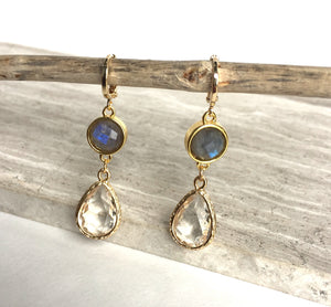 JPeace Designs Labradorite Stone & Crystal drop Huggie Earrings