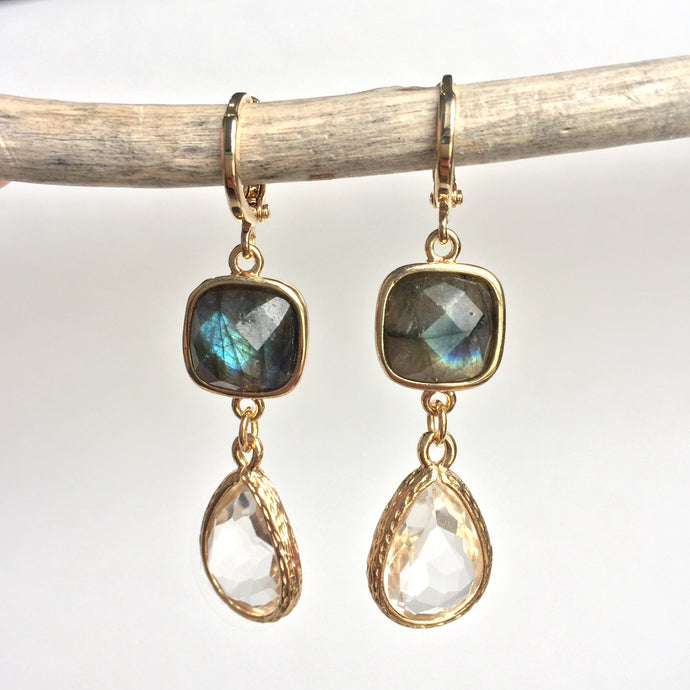 JPeace Designs Labradorite Square Stone & Crystal drop Earrings