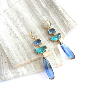 Blue & Aqua glass — long stone prong set Earrings