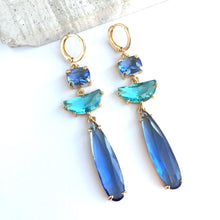 Blue & Aqua glass — long stone prong set Earrings