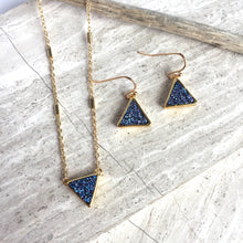 JPeace Designs Blue Druzy Triangle Pendant — Gold Chain Necklace & matching earrings