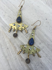 Hammered Brass Fan Earrings —Lapis