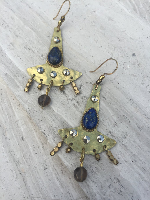 Hammered Brass Fan Earrings —Lapis