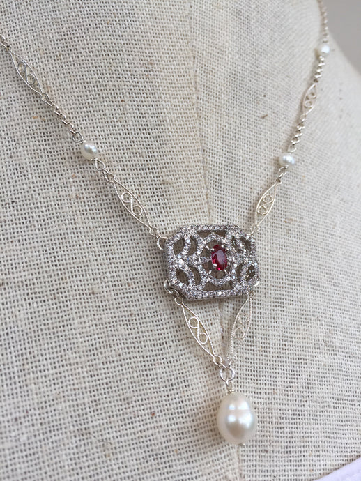 CZ Art Deco Pendant Necklace, cranberry