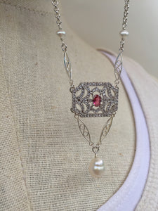 CZ Art Deco Pendant Necklace, cranberry