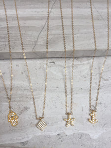 CZ Charm Necklaces Gold— Hamsa, diamond, starfish, anchor
