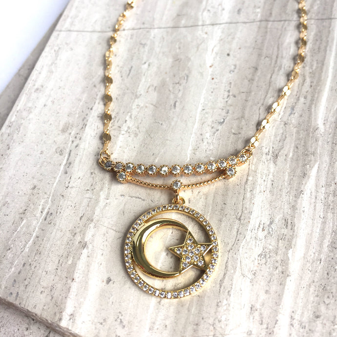 CZ bar w/ Gold Moon & Star Medallion Necklace