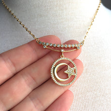CZ bar w/ Gold Moon & Star Medallion Necklace