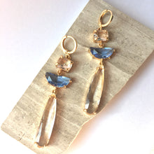 Clear & Blue glass long stone prong set Earrings