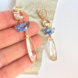 Clear & Blue glass long stone prong set Earrings