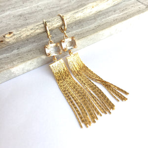 Clear Crystal & Gold Chain Tassel Earrings