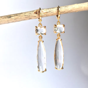 Clear Glass Long drop prong set stone Earrings