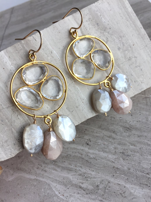 Clear Quartz trio & Chocolate Moonstone drops Earrings