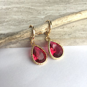 Cranberry red Crystal drop Gold Huggie Earrings