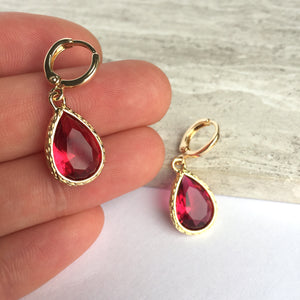 Cranberry red Crystal drop Gold Huggie Earrings