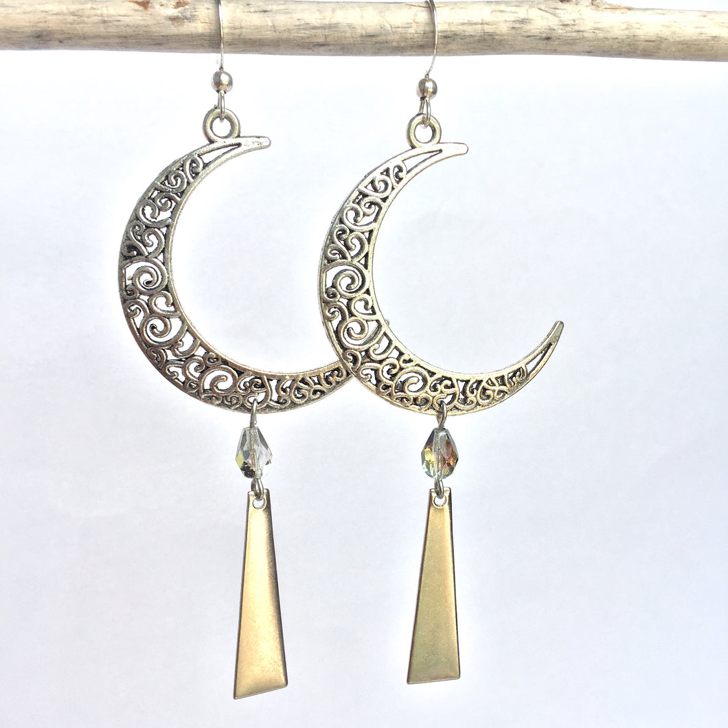 Silver filigree Moon & Long Dangle Earrings