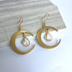 JPeace Designs Crescent Moon & Crystal drop — Gold Earrings