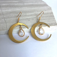 JPeace Designs Crescent Moon & Crystal drop — Gold Earrings
