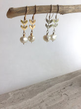 Double Chevron and Pearl Earrings, silver and gold hanging