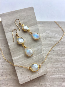 Double Moonstone Earrings & Chocolate Moonstone square necklace