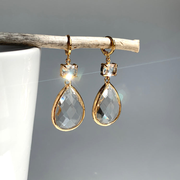 Clear Crystal Large dangle droplet —Gold huggie Earrings, JPeace Designs