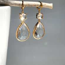 Clear Crystal Large dangle droplet —Gold huggie Earrings, JPeace Designs
