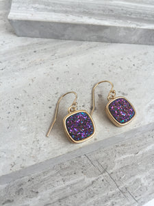 Druzy Square Earrings — Purple, gold
