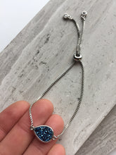 Druzy Adjustable Chain Bracelet — Blue Tear Drop, silver in hand