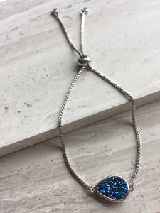 Druzy Adjustable Chain Bracelet — Blue Tear Drop, silver