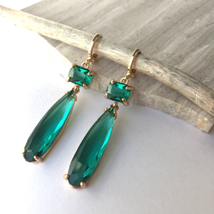 Emerald Glass Long drop prong set stone Earrings