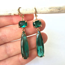Emerald Glass Long drop prong set stone Earrings
