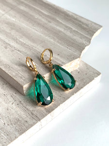 Emerald Glass single drop Huggie Earrings, JPeace Designs
