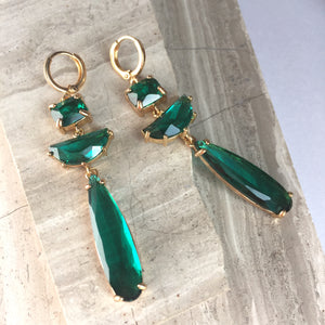 Emerald Green glass long stone prong set Earrings