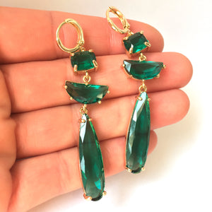 Emerald Green glass long stone prong set Earrings