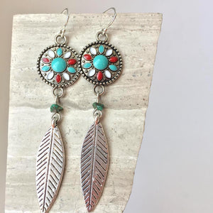 Enamel Dream Catcher —Turquoise Feather Earrings