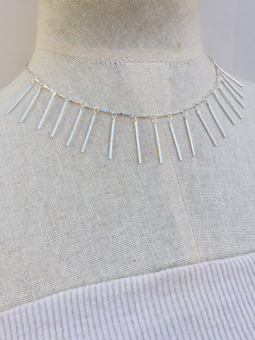Fringe Necklace, silver on mannequin