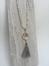 Geode tassel necklace, long, white freshwater pearl