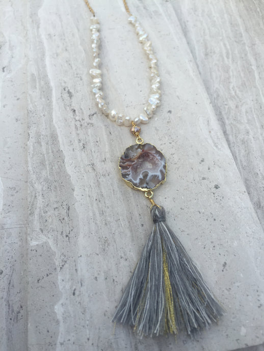 Geode tassel necklace, long, white freshwater pearl