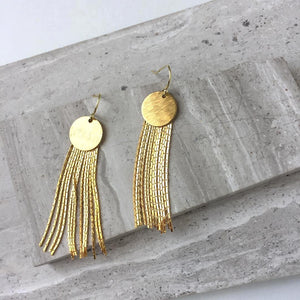 Gold Disk w/ Chain tassel — Long Earrings