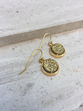 Gold druzy dot earrings, side shot—gold