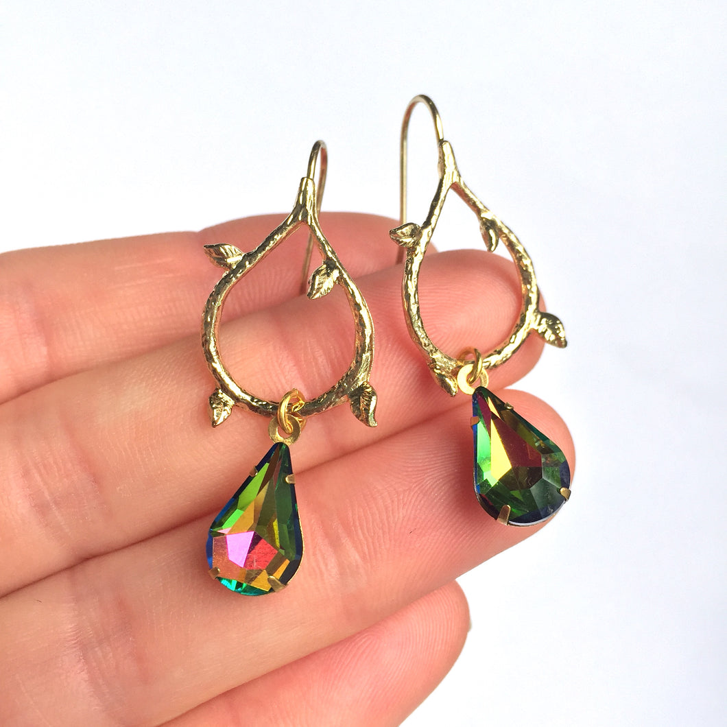 JPeace Designs Gold natural leaf hoop & Green Crystal Earrings