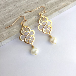 JPeace Designs Gold Swirl and Pearl Dangle Earrings