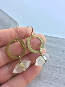Hammered Brass Crystal Point Earrings, in hand