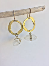 Hammered Brass Crystal Point Earrings, hanging