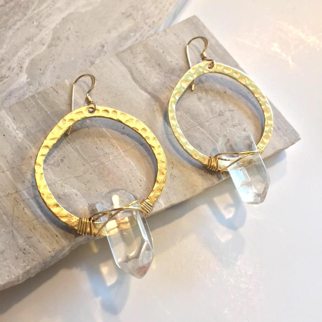 Hammered Hoop / Wrapped Quartz Crystal Earrings